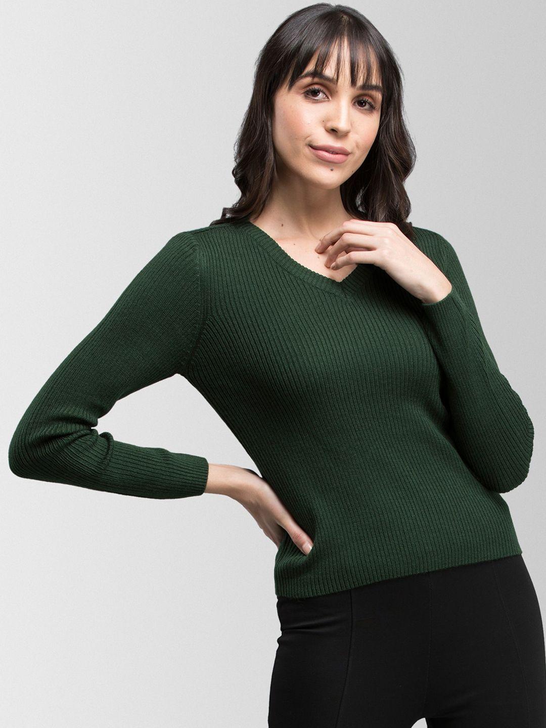fablestreet women olive green solid pullover sweater