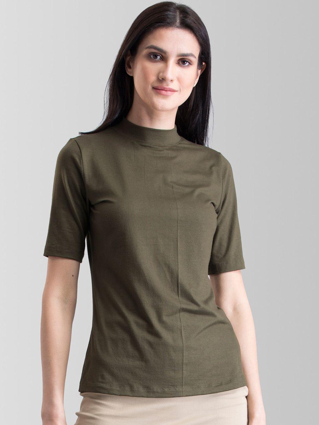 fablestreet women olive green solid round neck t-shirt