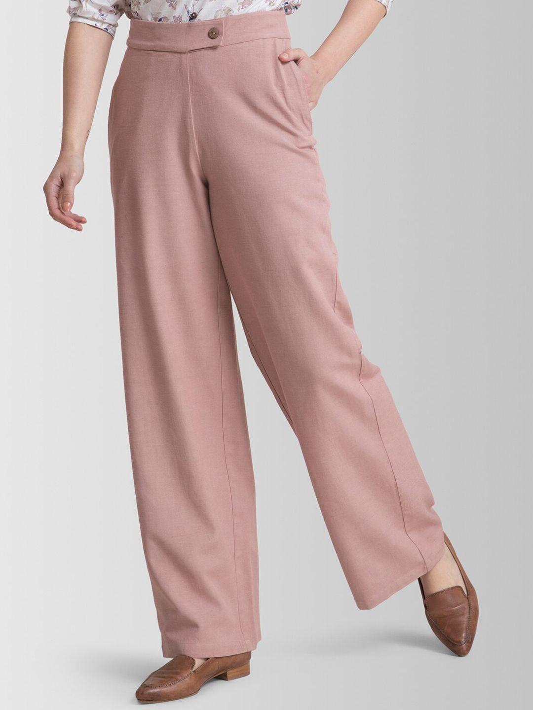 fablestreet women pink flared solid parallel trousers