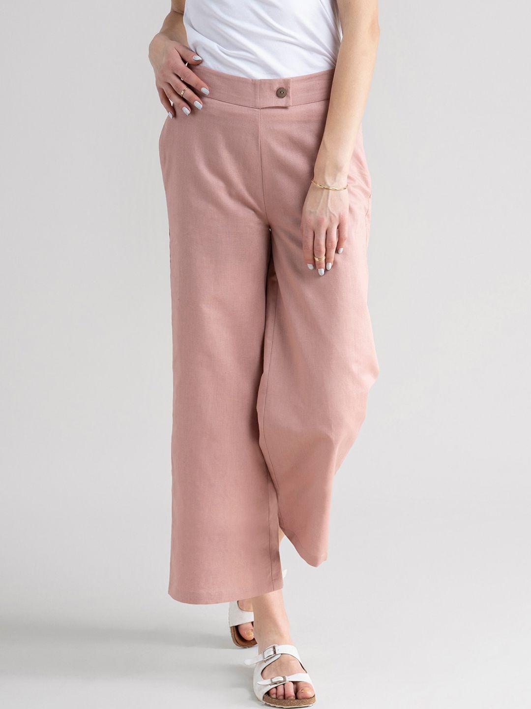 fablestreet women pink solid comfort wide leg trousers