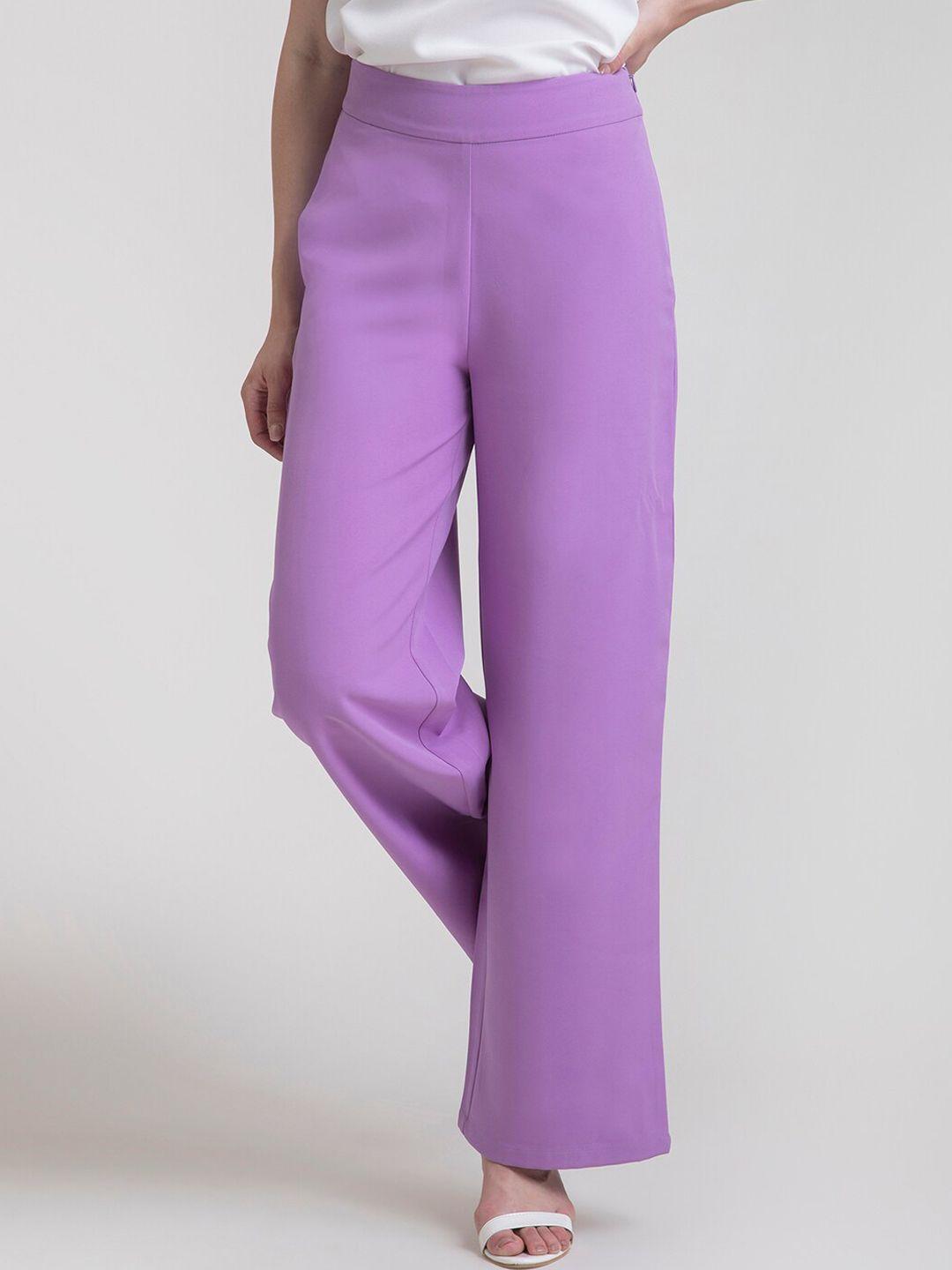 fablestreet women purple flared high-rise parallel trousers