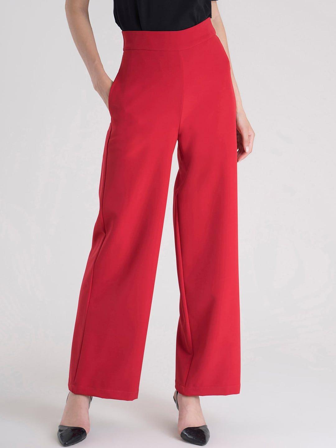 fablestreet women red loose fit parallel trousers