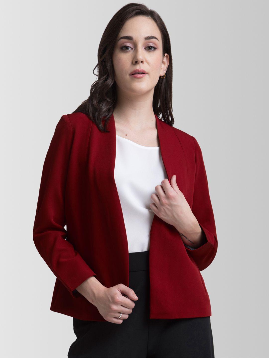fablestreet women red solid open front jacket