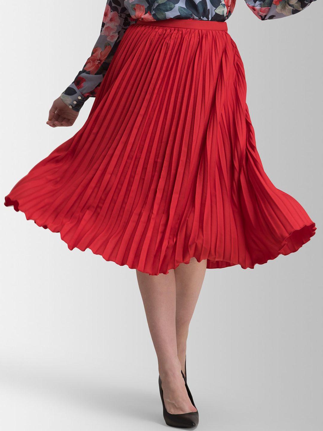 fablestreet women red solid pleated a-line midi skirt