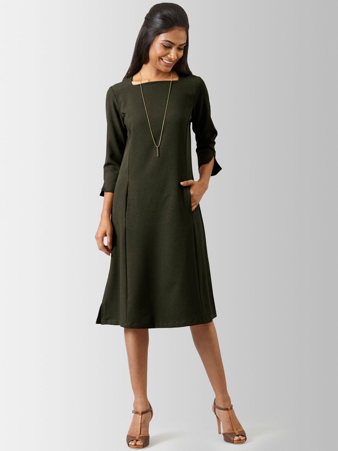 fablestreet women solid olive green a-line dress