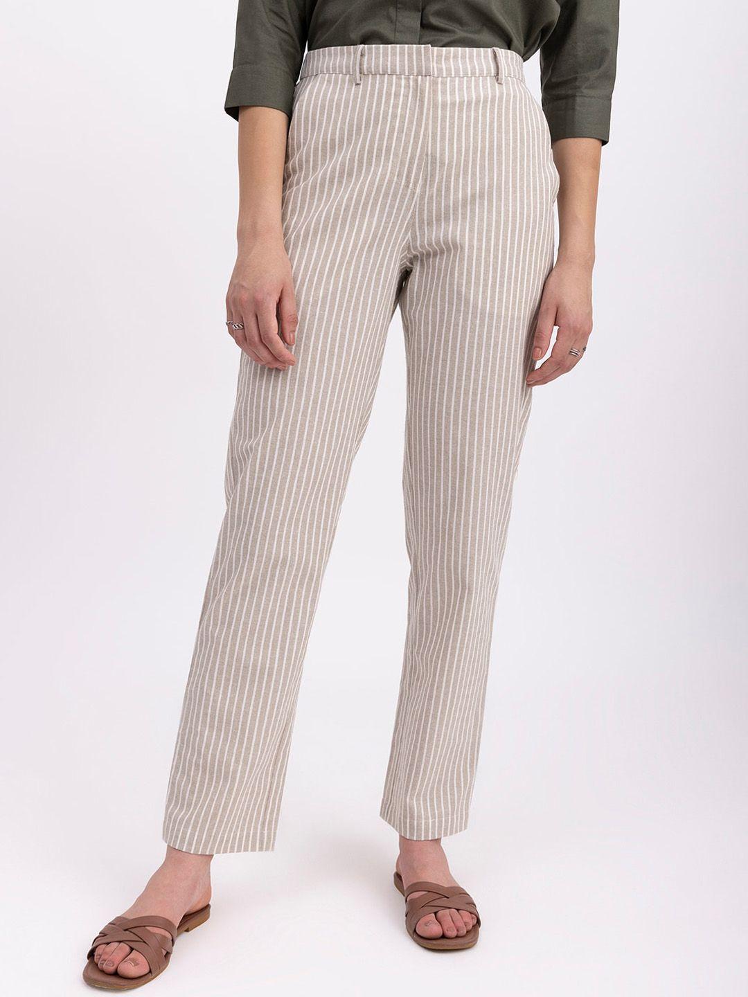 fablestreet women striped relaxed straight fit cotton linen trousers