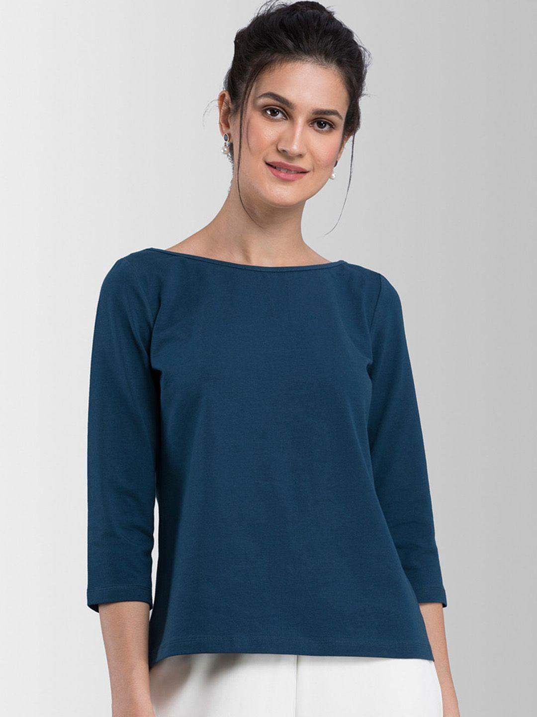 fablestreet women teal blue solid knitted top