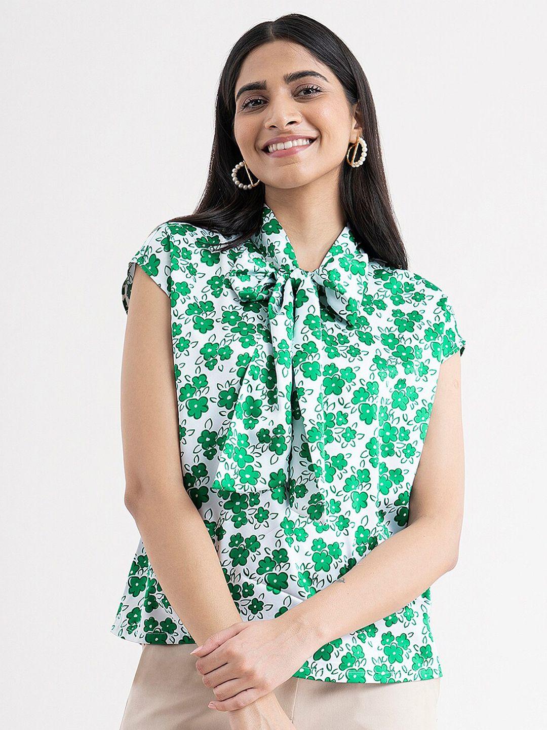 fablestreet women white & green floral print tie-up neck satin top