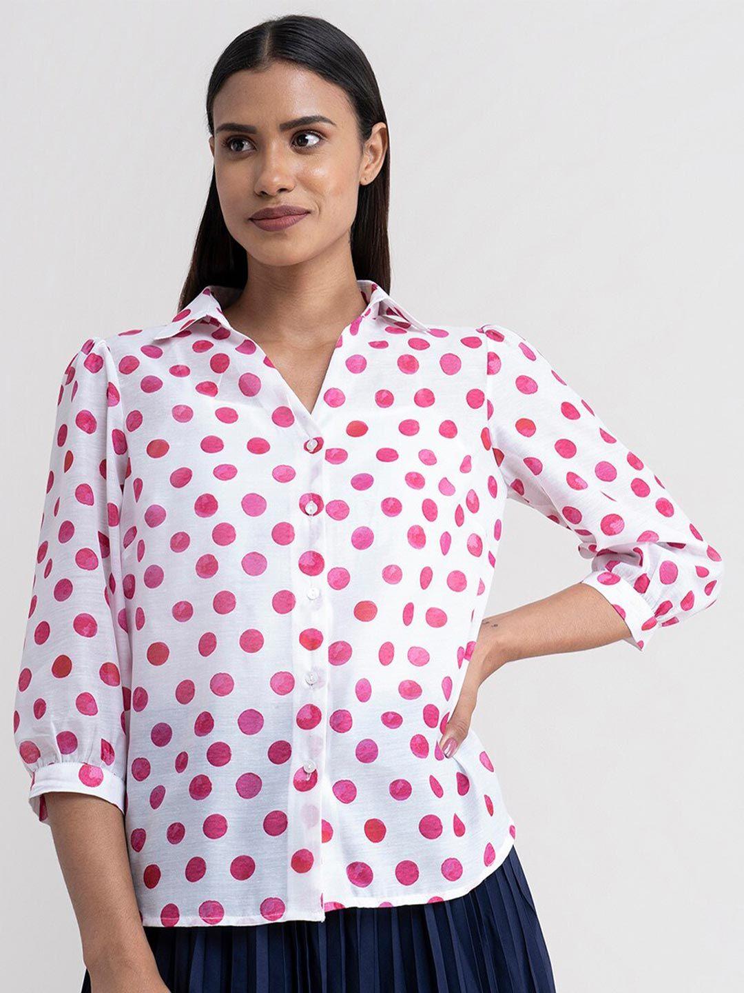 fablestreet women white and pink semi sheer polka dots printed casual shirt