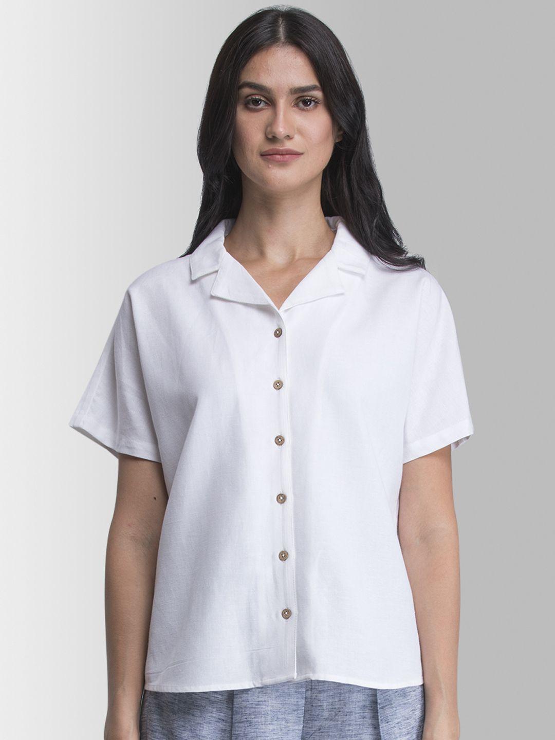 fablestreet women white regular fit solid casual shirt