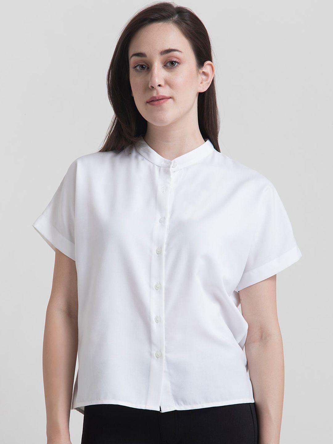 fablestreet women white regular fit solid casual shirt