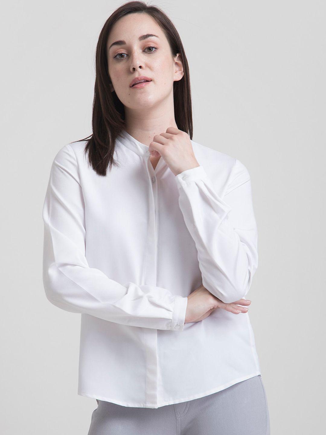 fablestreet women white regular fit solid casual shirt