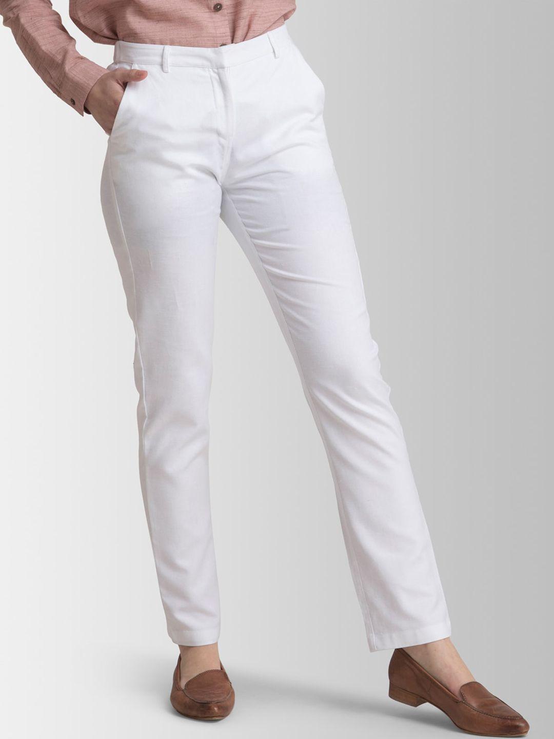 fablestreet women white slim fit solid regular trousers