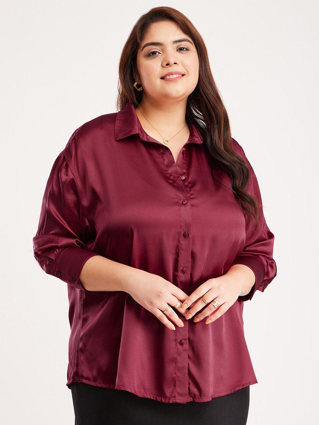 fablestreet x plus size classic boxy drop shoulder sleeves satin casual shirt