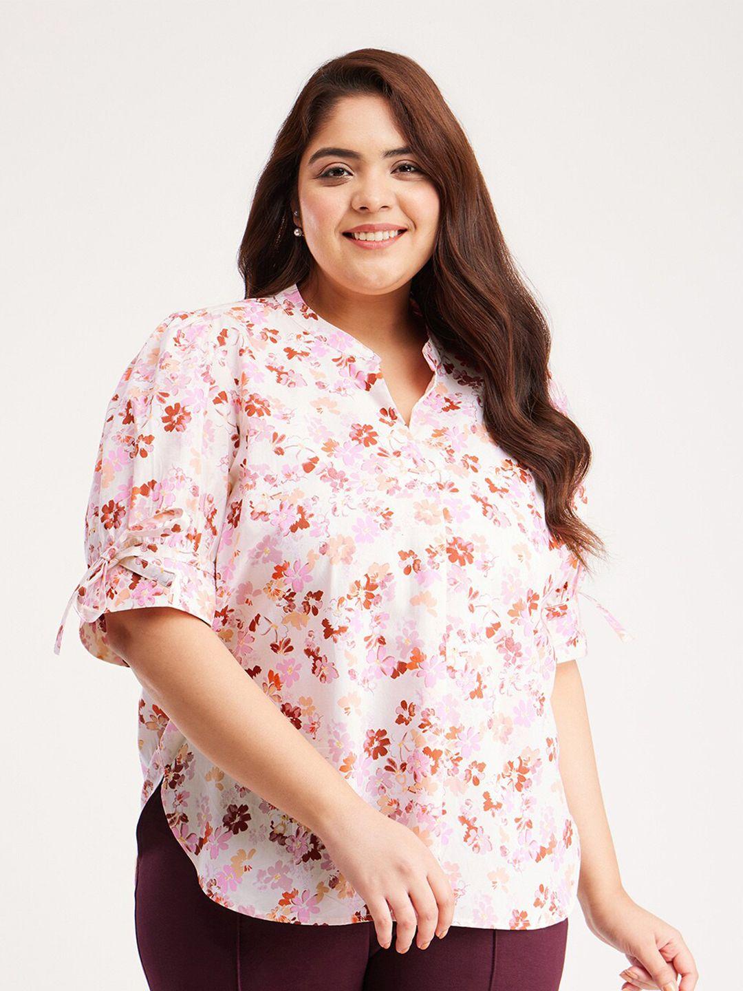 fablestreet x plus size floral print mandarin collar cotton shirt style top