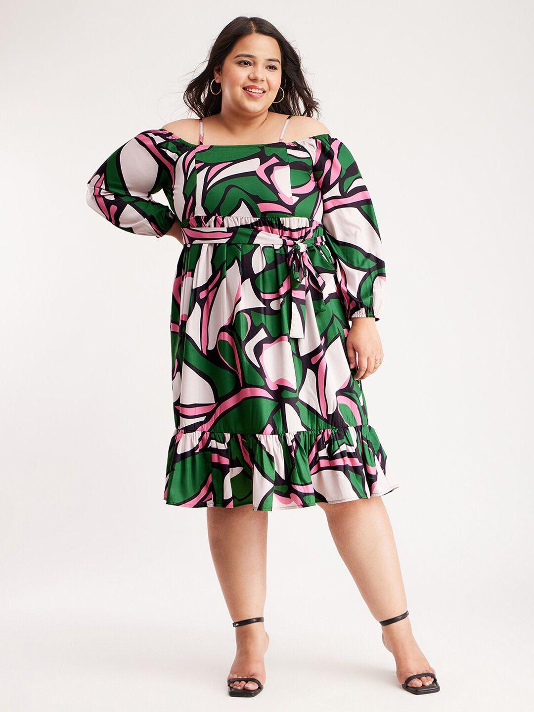 fablestreet x plus size floral printed belted smocked flounce off-shoulder a-line dress