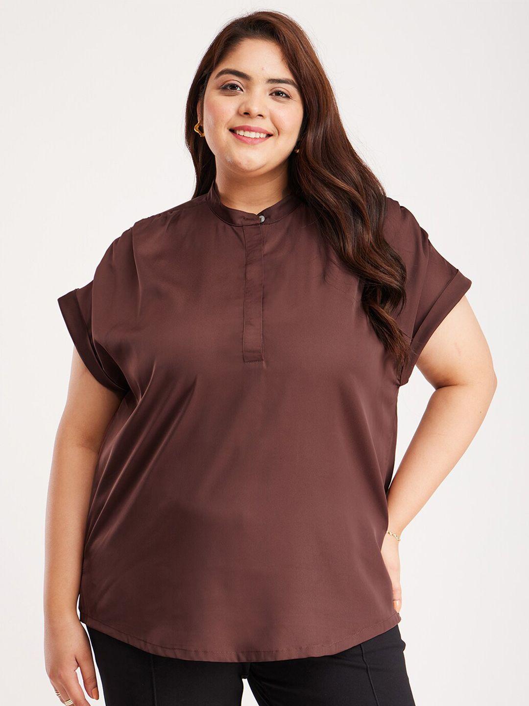 fablestreet x plus size mandarin collar extended sleeves satin shirt style top