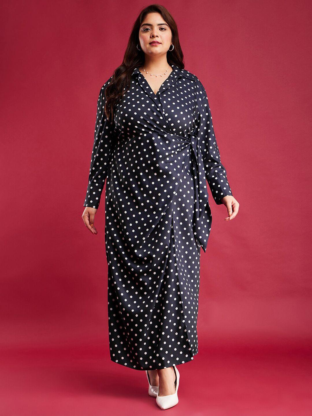 fablestreet x plus size polka dot printed shirt collar maxi wrap dress