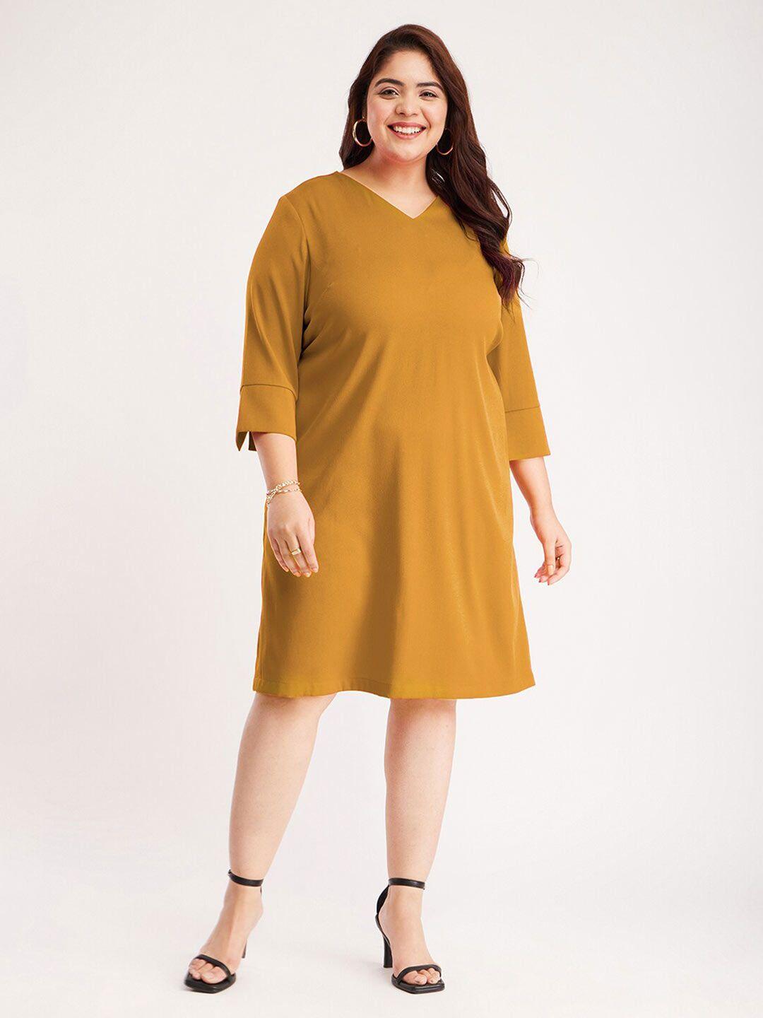 fablestreet x plus size v-neck regular sleeves knee length a-line dress with attached belt