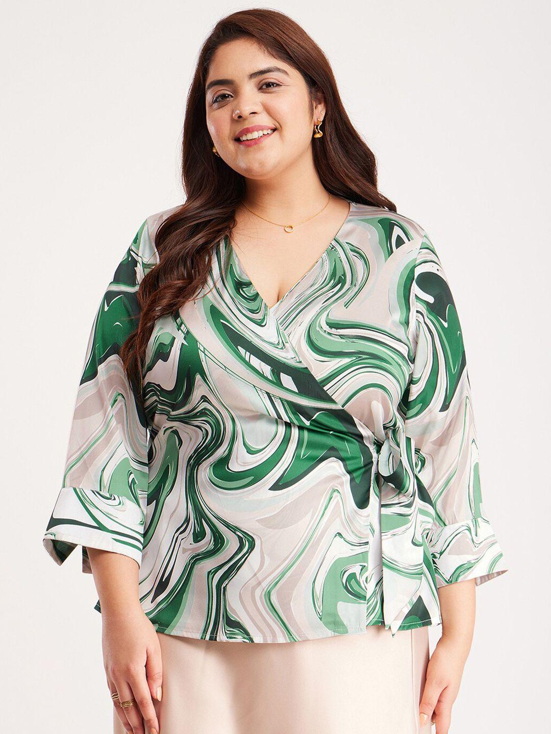 fablestreet x tropical print bell sleeve satin wrap top