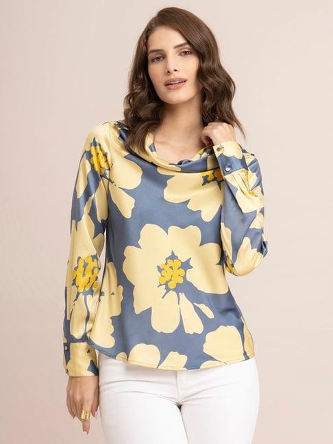 fablestreet yellow & grey floral print top