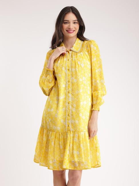 fablestreet yellow & white floral print shirt dress