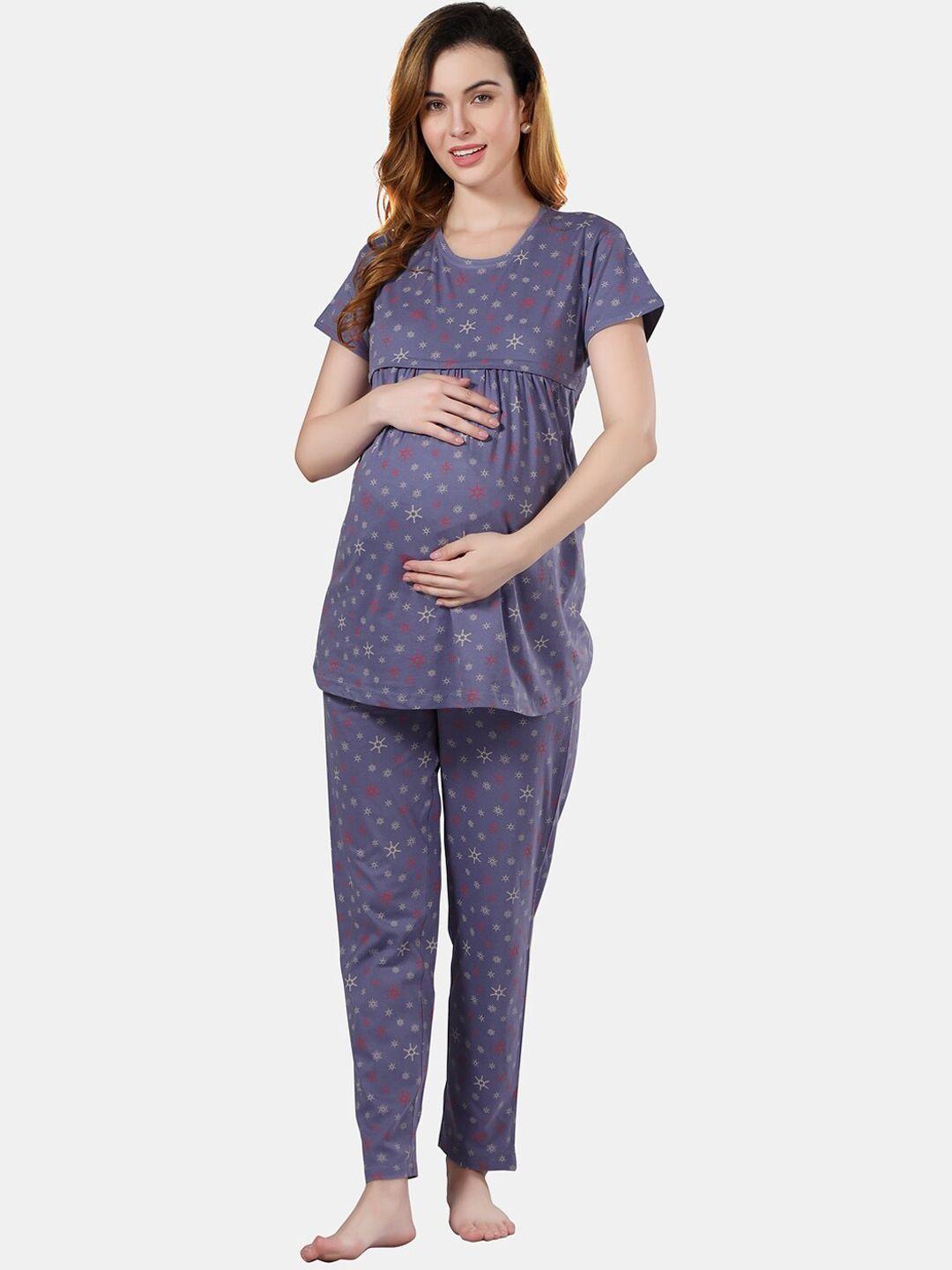 fabme conversational printed pure cotton maternity and feeding night suit