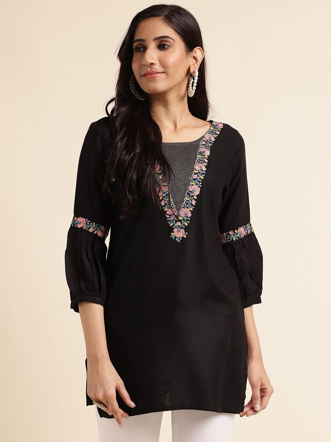 fabmora floral embroidered puff sleeves longline top