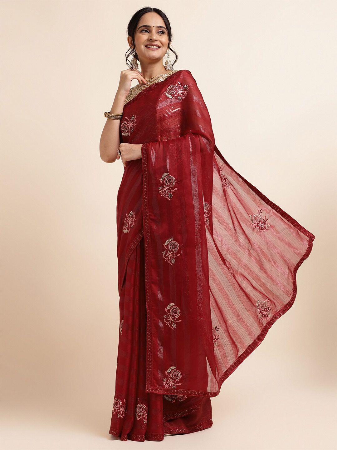fabmora maroon embellished embroidered poly chiffon designer saree