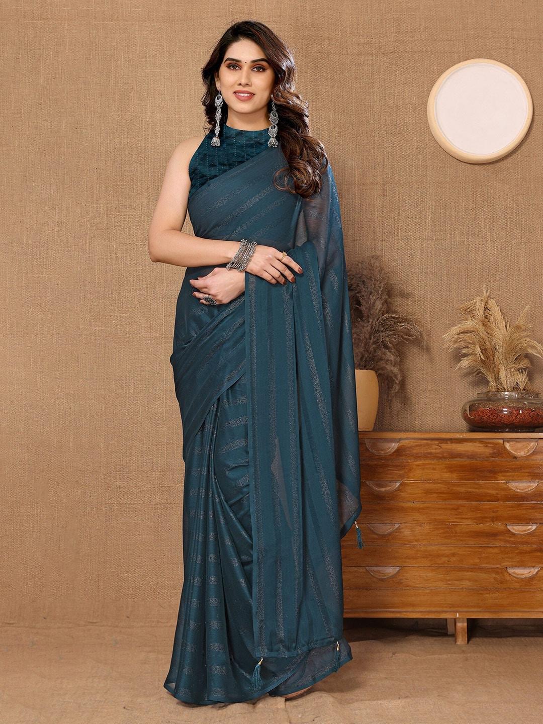 fabmora teal embellished poly chiffon ready to wear saree