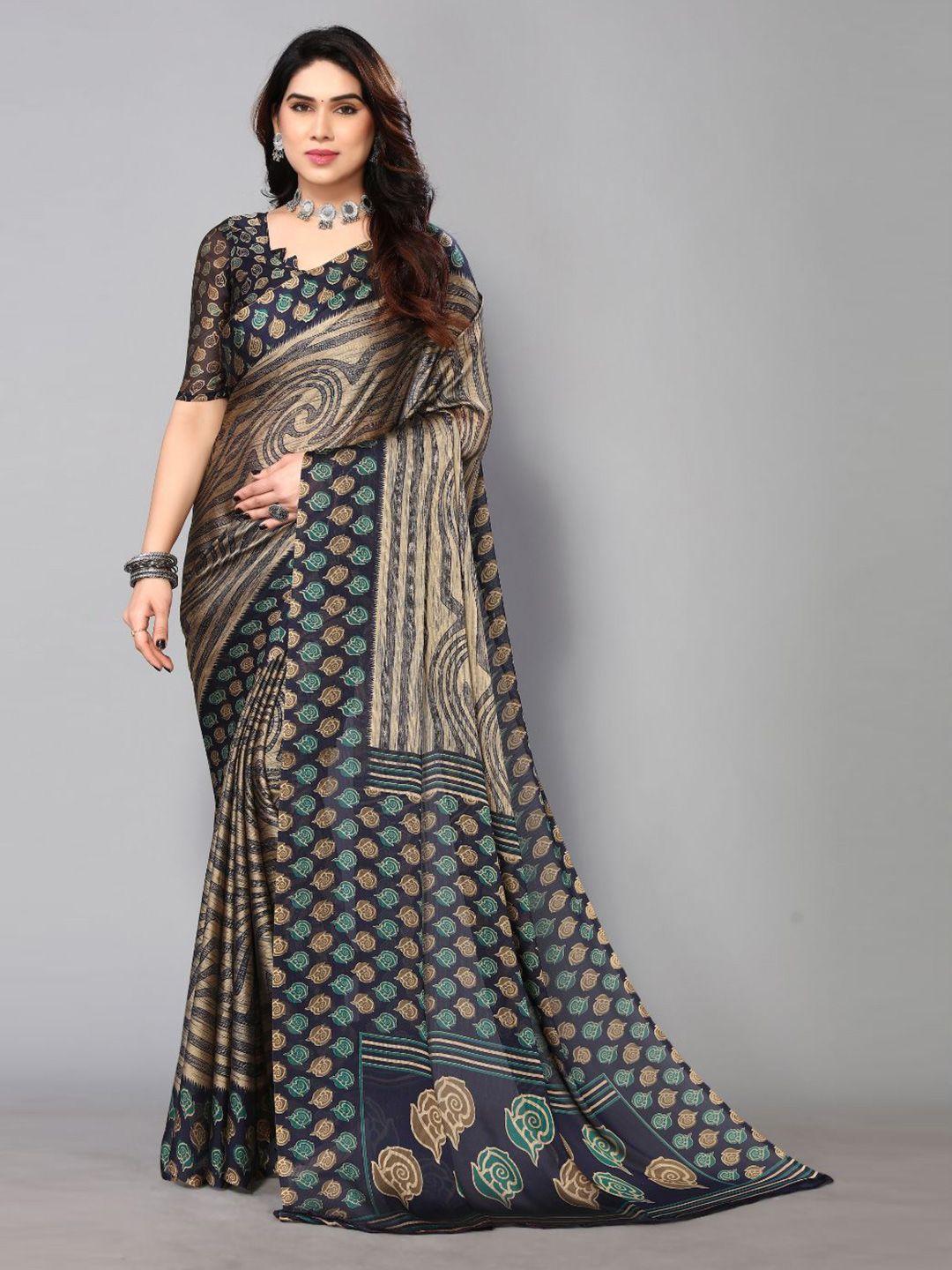 fabmora beige & navy blue poly chiffon saree