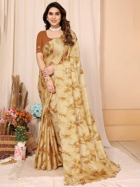 fabmora beige embroidered saree with unstitched blouse