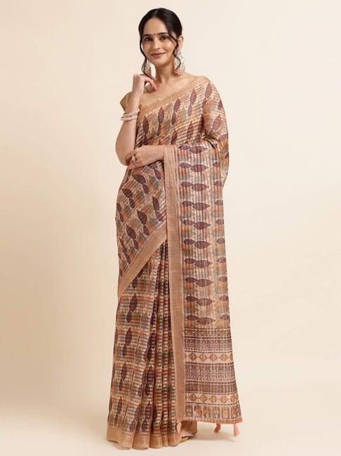 fabmora beige floral print saree with unstitched blouse