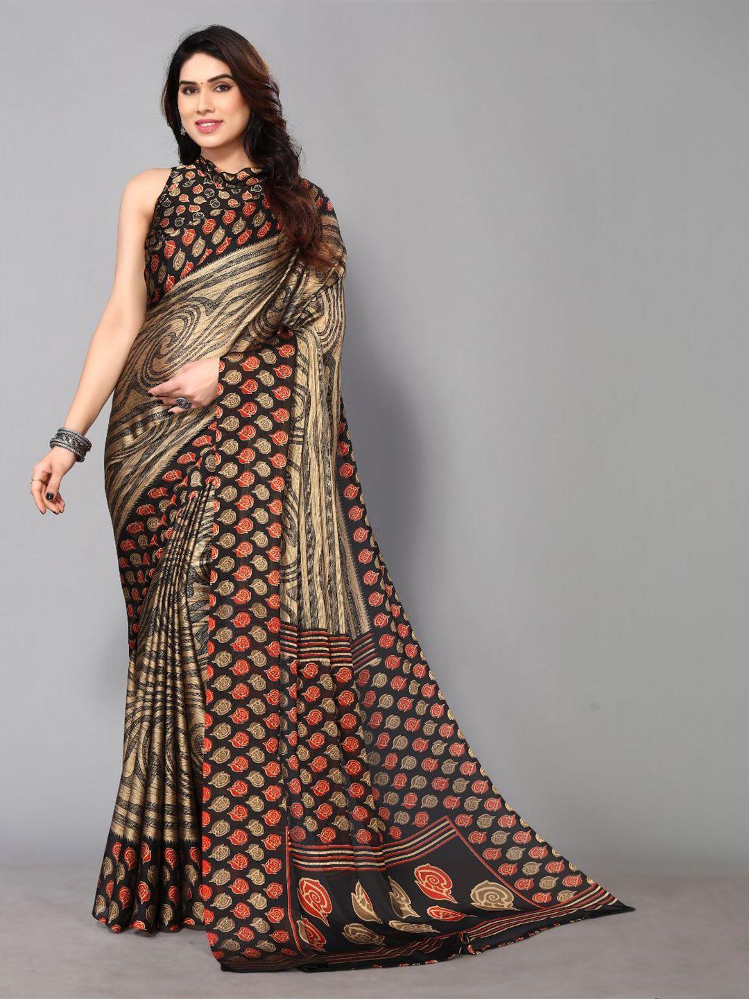 fabmora black & beige poly chiffon saree