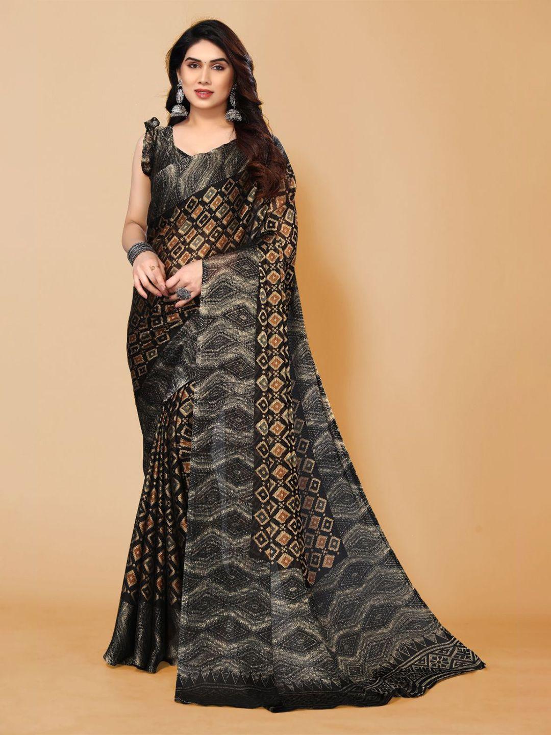 fabmora black & brown poly chiffon saree