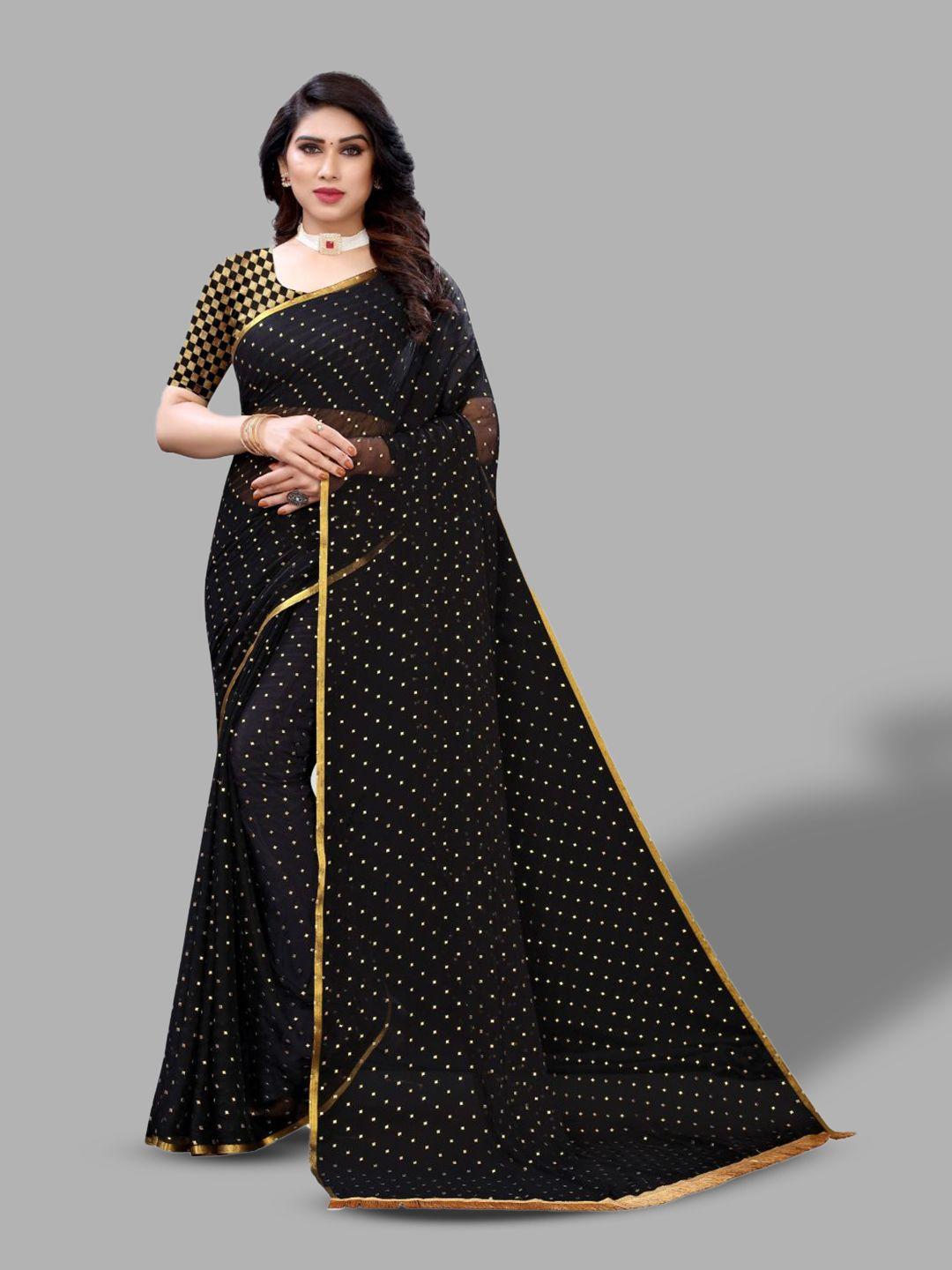 fabmora black & gold-toned polka dot poly chiffon saree