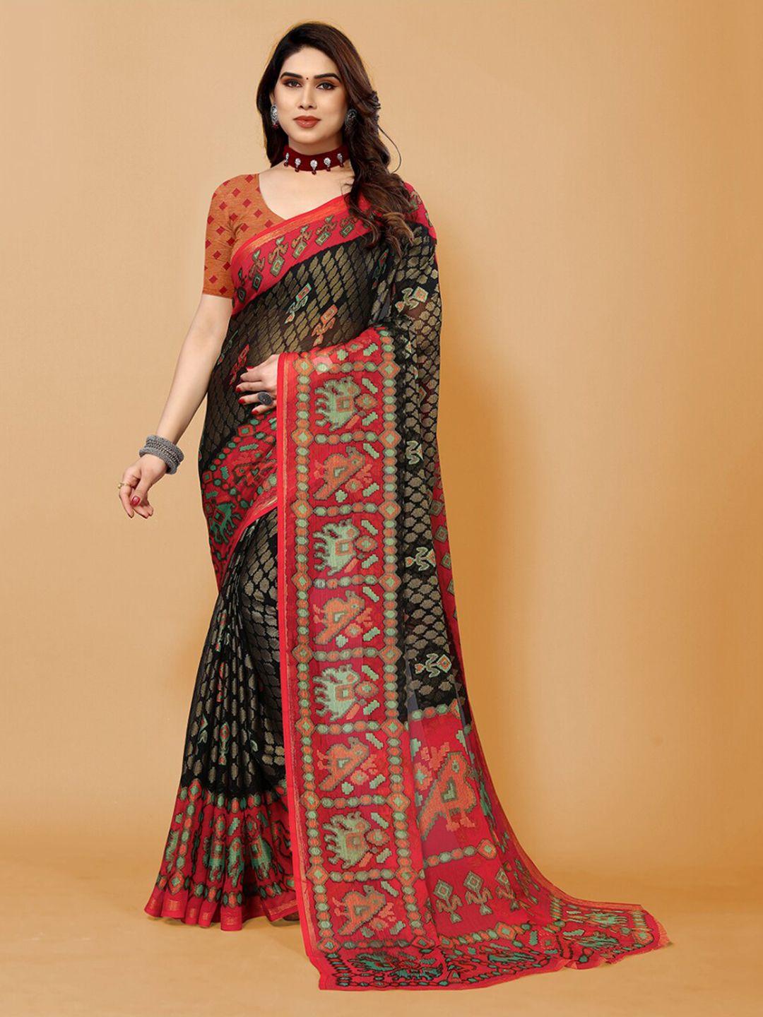 fabmora black & red ethnic motifs poly chiffon saree