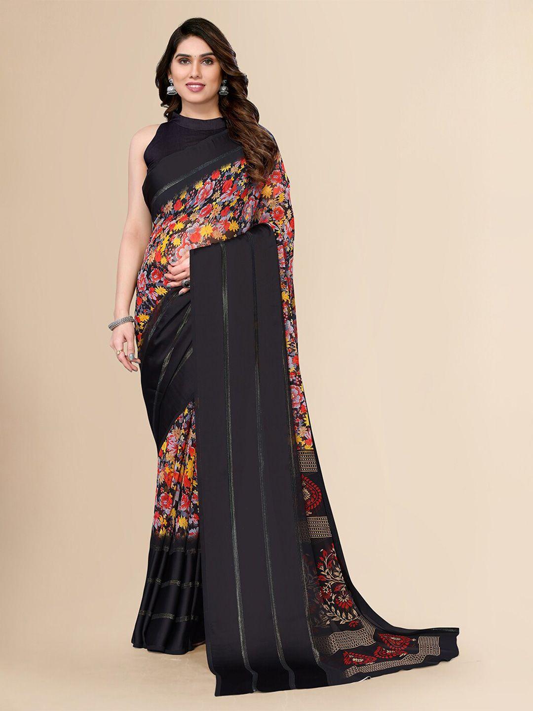 fabmora black & red floral pure chiffon saree