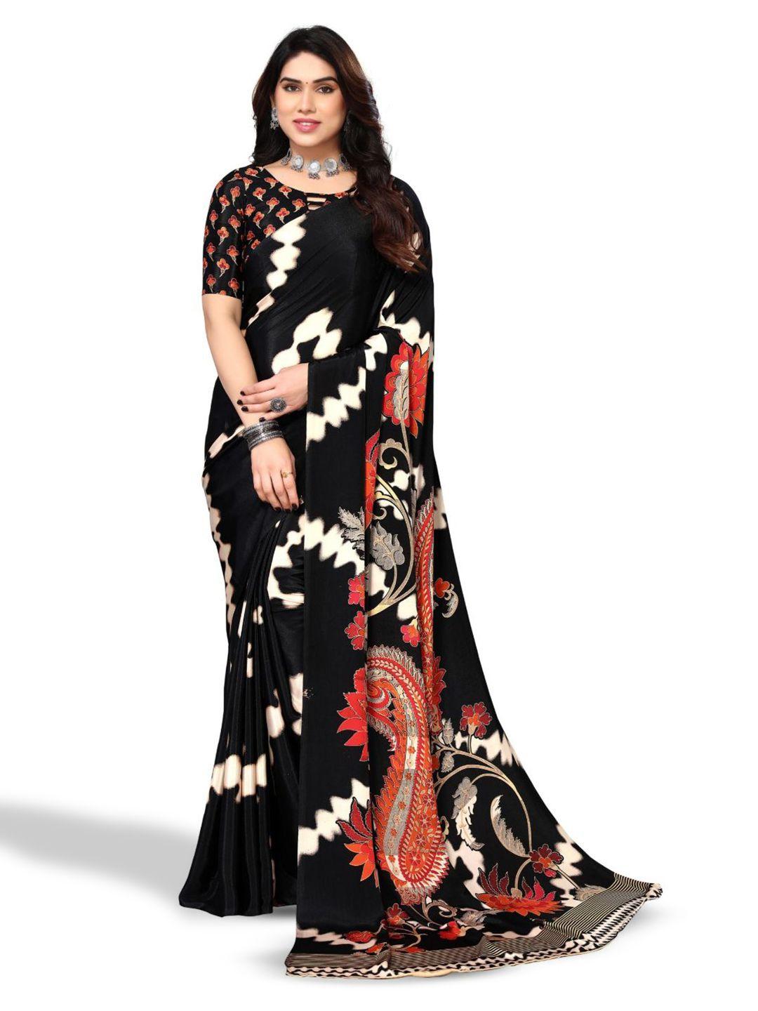 fabmora black & white floral pure crepe saree