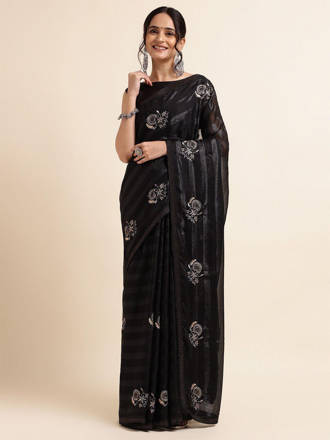 fabmora black embellished embroidered poly chiffon designer saree