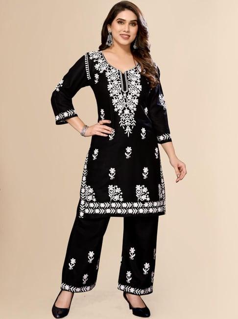 fabmora black embroidered kurta palazzo set