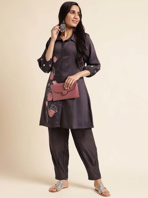 fabmora black embroidered kurta pant set