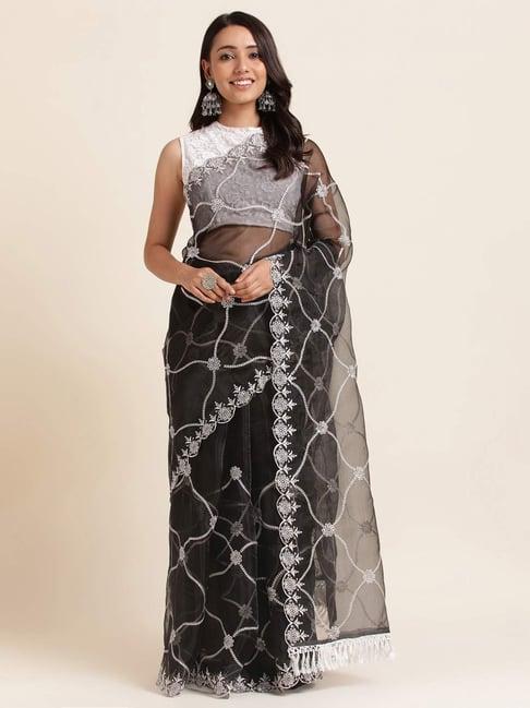 fabmora black embroidered saree with unstitched blouse