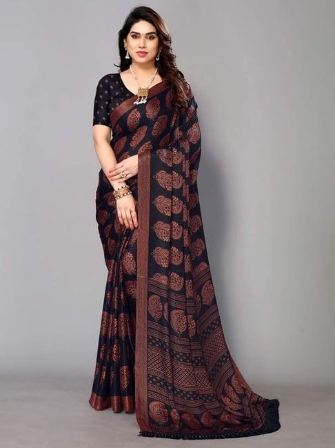 fabmora black floral print saree with unstitched blouse