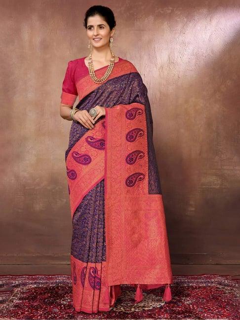 fabmora blue & pink woven saree with unstitched blouse