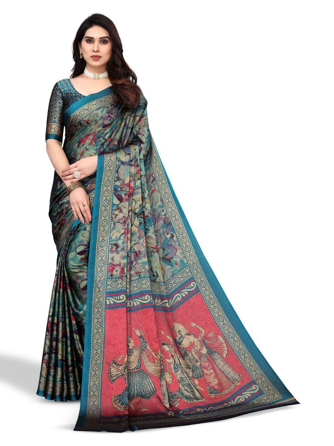 fabmora blue & red poly chiffon saree