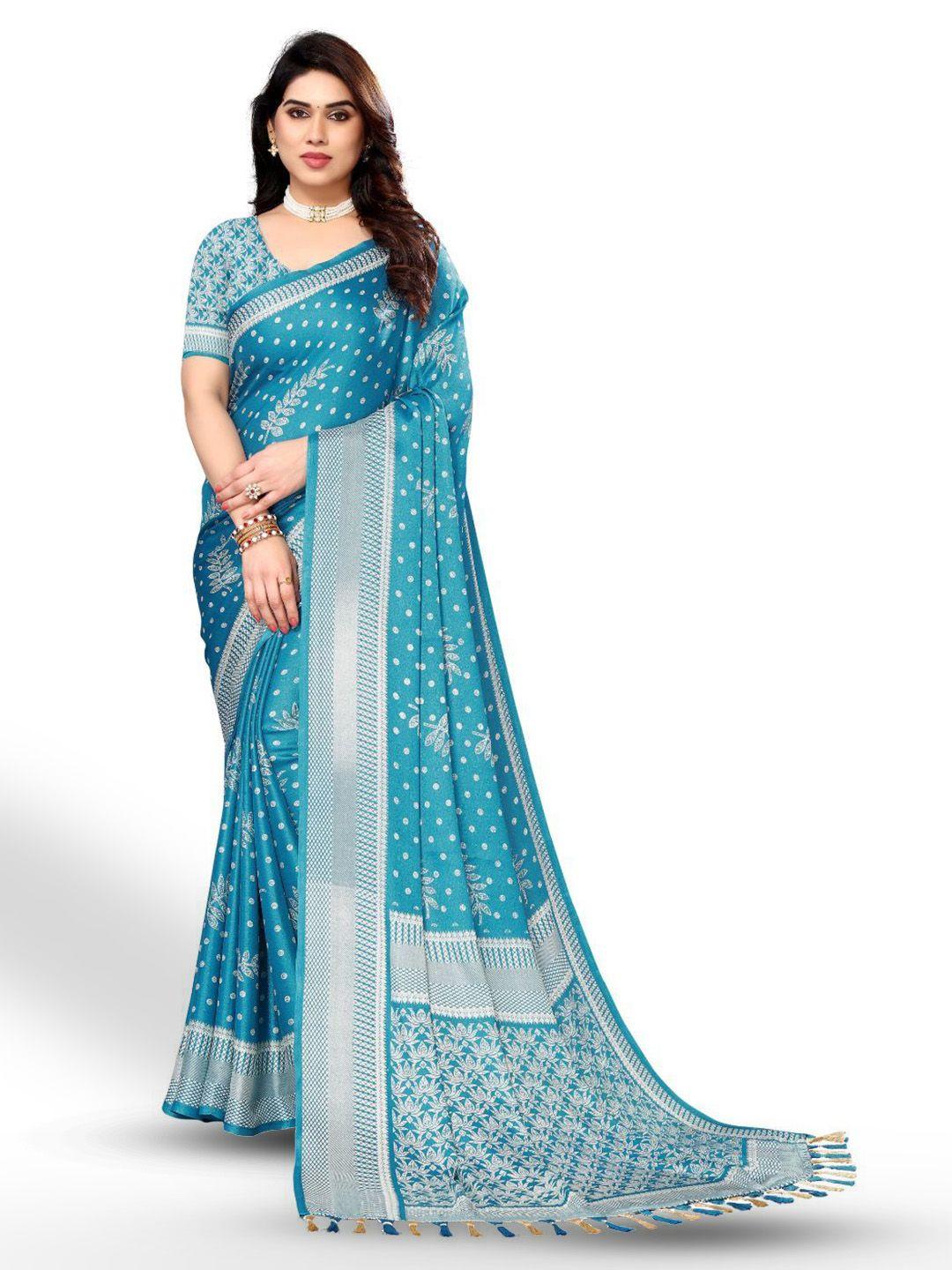 fabmora blue & silver-toned floral pure chiffon saree