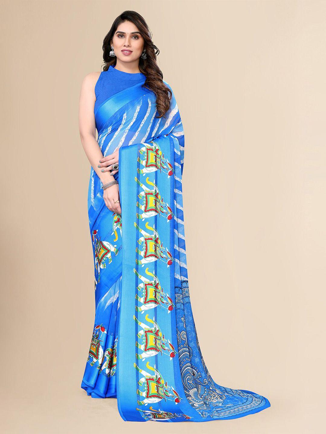 fabmora blue & white ethnic motifs pure chiffon saree