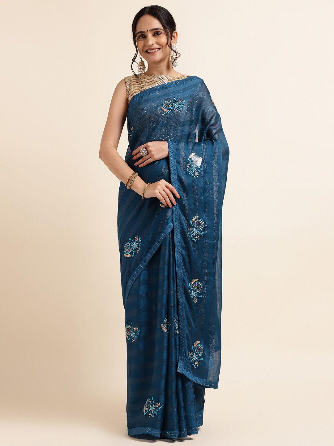 fabmora blue embellished embroidered poly chiffon designer saree