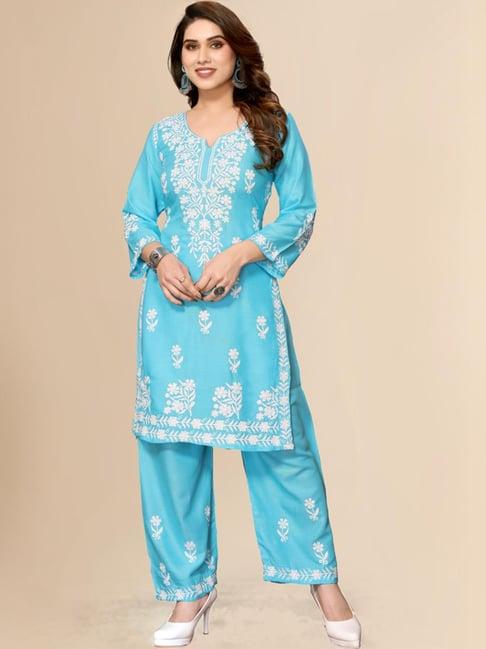 fabmora blue embroidered kurta palazzo set